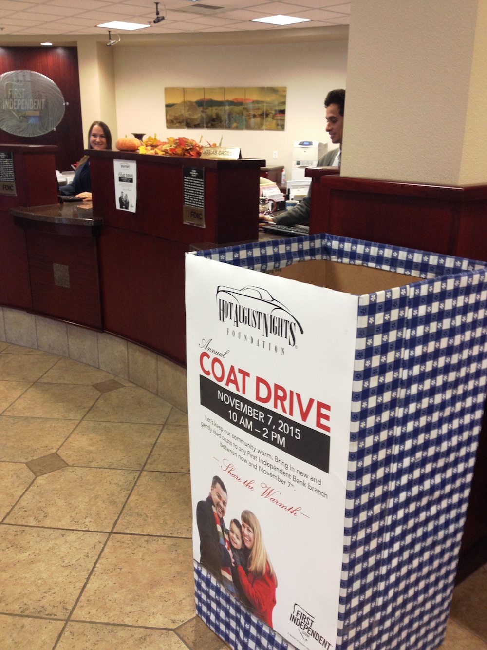 First Independent Bank is helping the Hot August Nights Foundation, collect warm coats for families during its annual coat drive.
