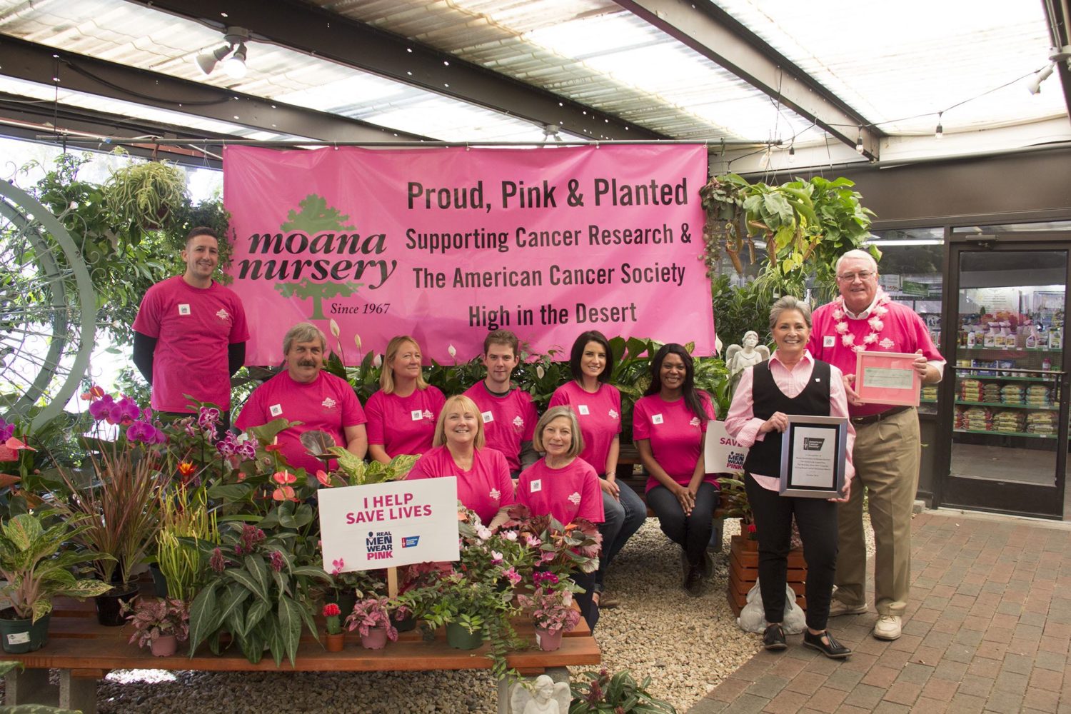 Moana Nursery presented a check for more than $8,000 to the American Cancer Society to help support breast cancer research.