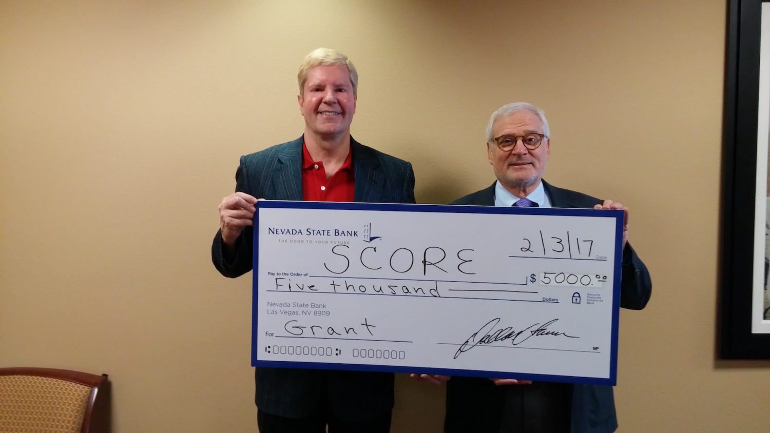 Nevada State Bank presented a check for $5,000 to the Las Vegas office of SCORE, a nationwide nonprofit association dedicated to educating entrepreneurs.