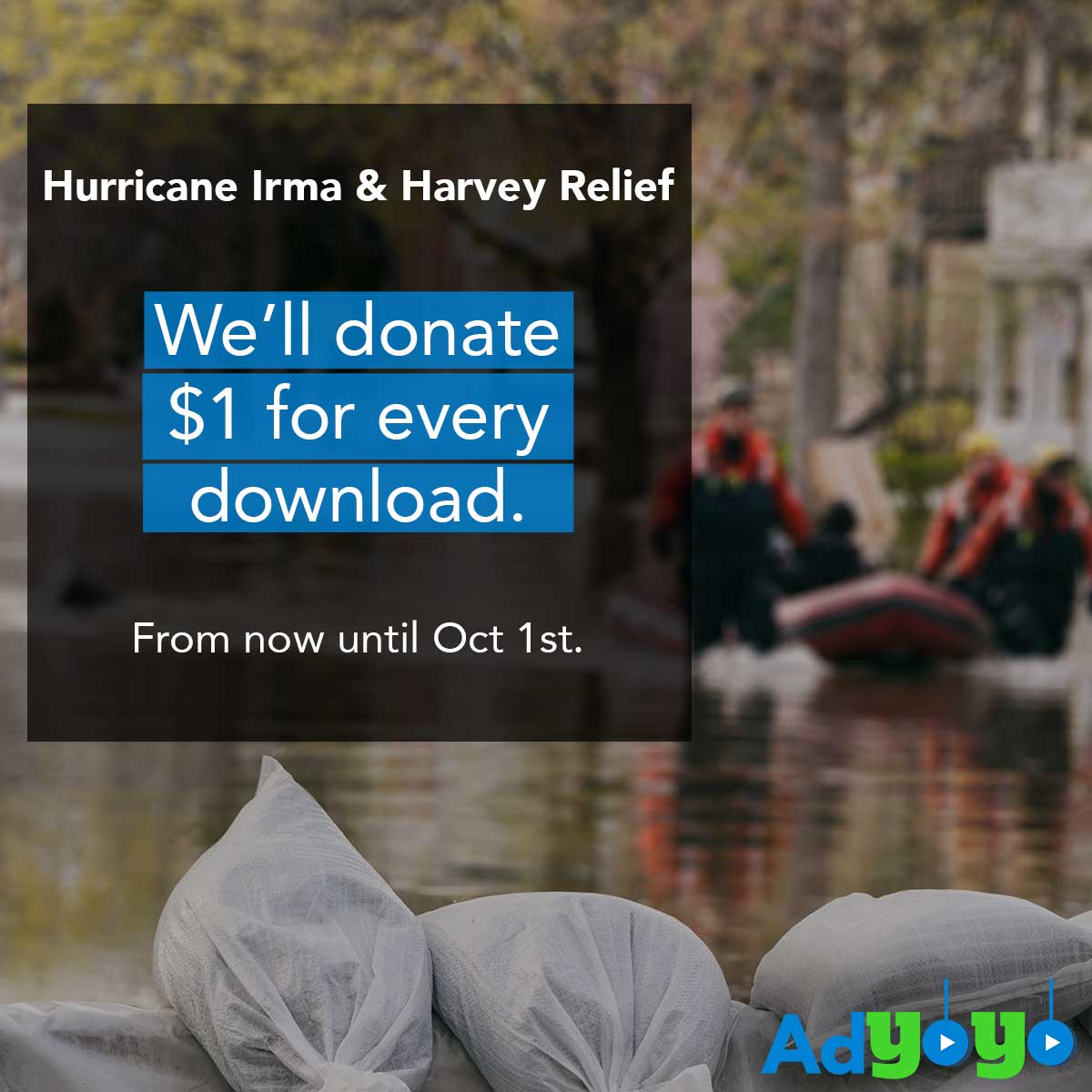AdYoYo, a Las Vegas company allowing users to easily buy and sell wares with video clips, will send $1 to help victims of hurricanes Irma and Harvey