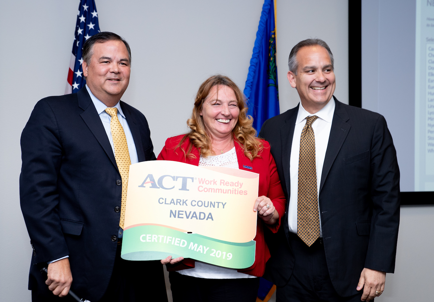 Tony Garife, ACT® Work Ready Communities Regional Manager, presents Clark County Commission Chair Marilyn Kirkpatrick and CCSD Superintendent Dr. Jesus F. Jara with the ACT® Work Ready Communities certification on June 11, 2019.