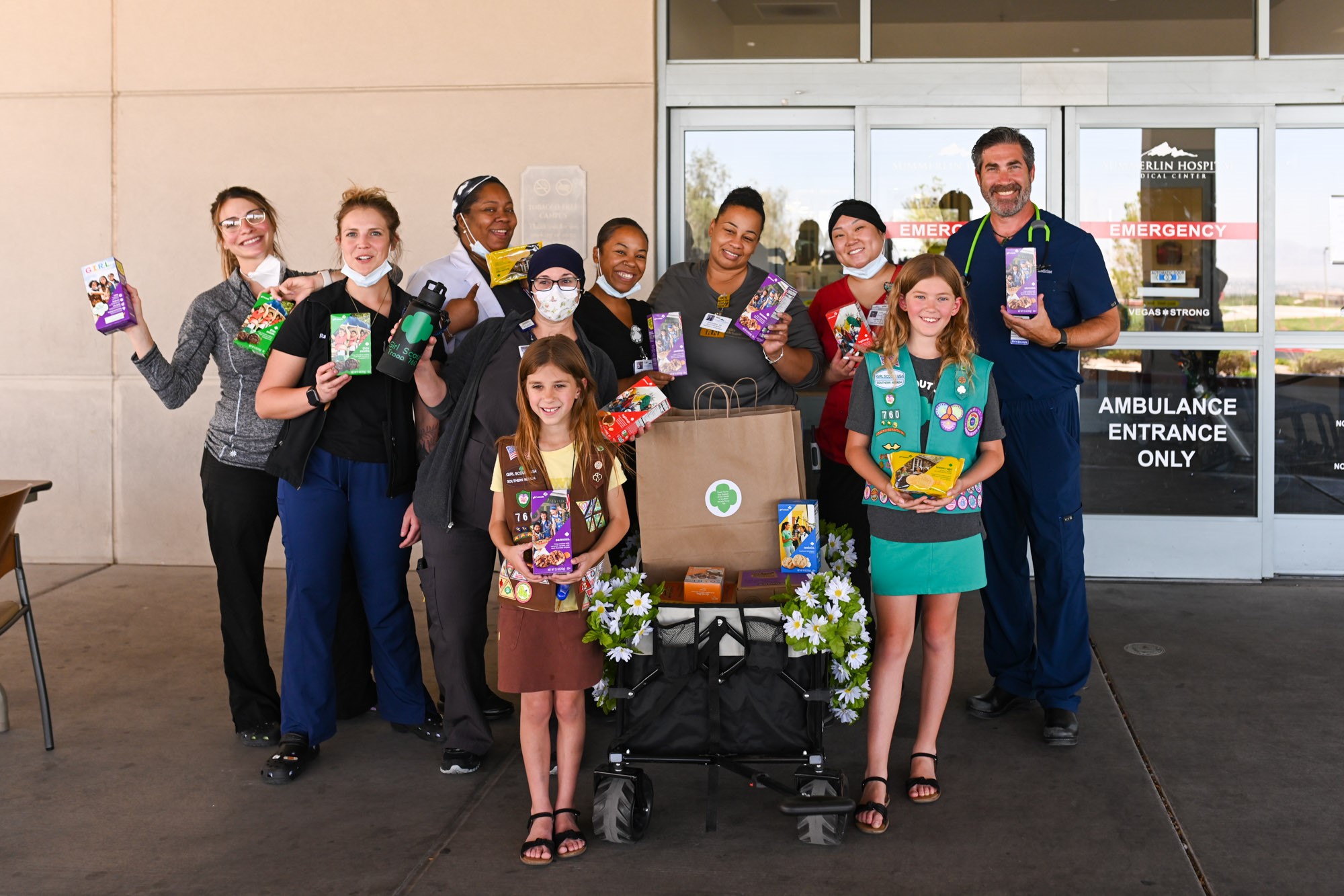 Mylee and Emilee McLaughlin, members of Las Vegas Girl Scout Troop #760 & Summerlin Hospital’s Emergency Room staff