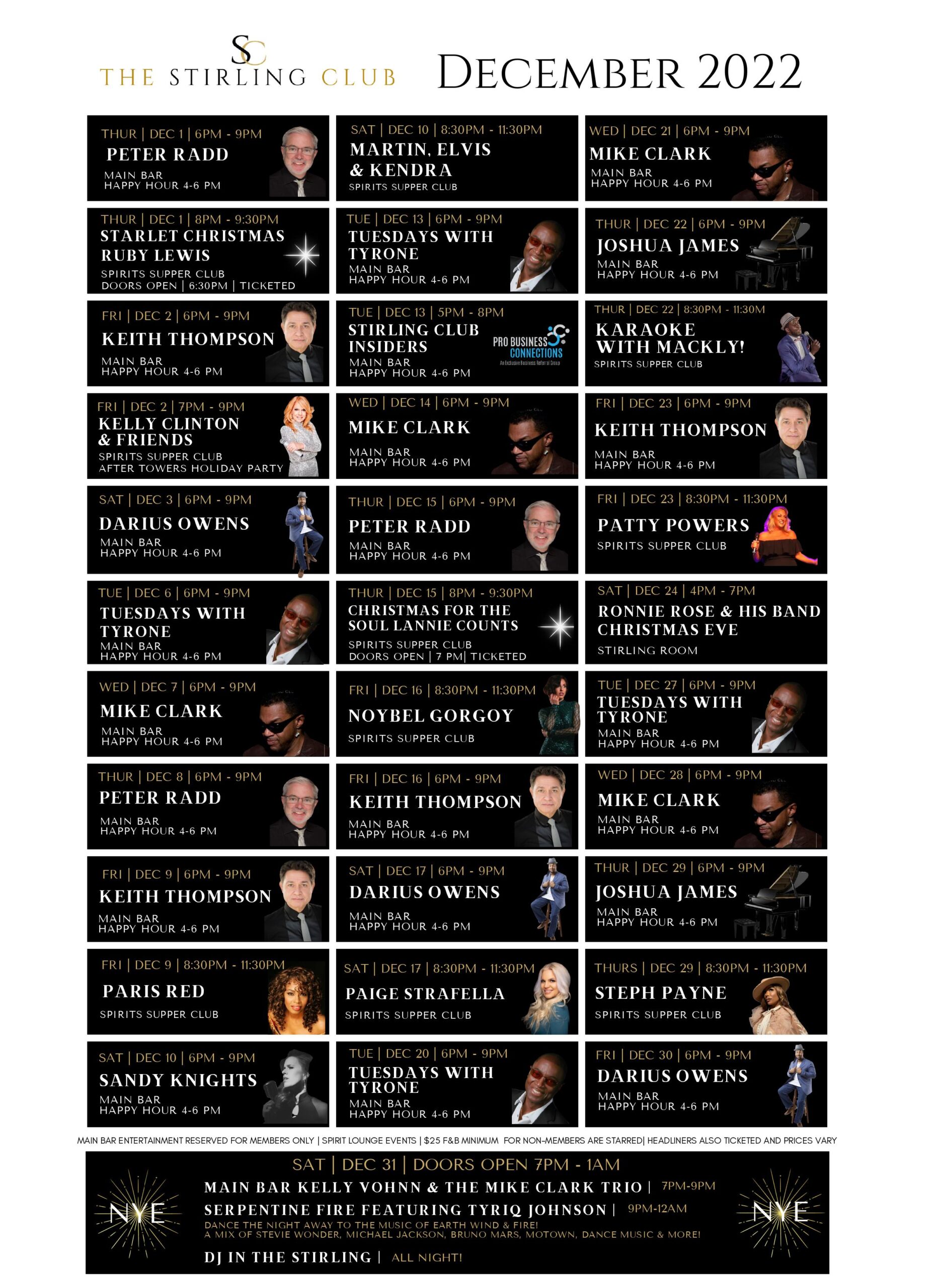 The Stirling Club's December 2022 Entertainment Calendar
